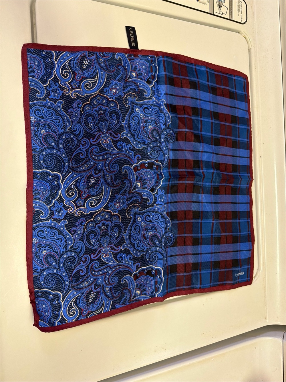 Daniel Cremieux Blue Paisley and Plaid Pocket Square with Red Trim silk scarf